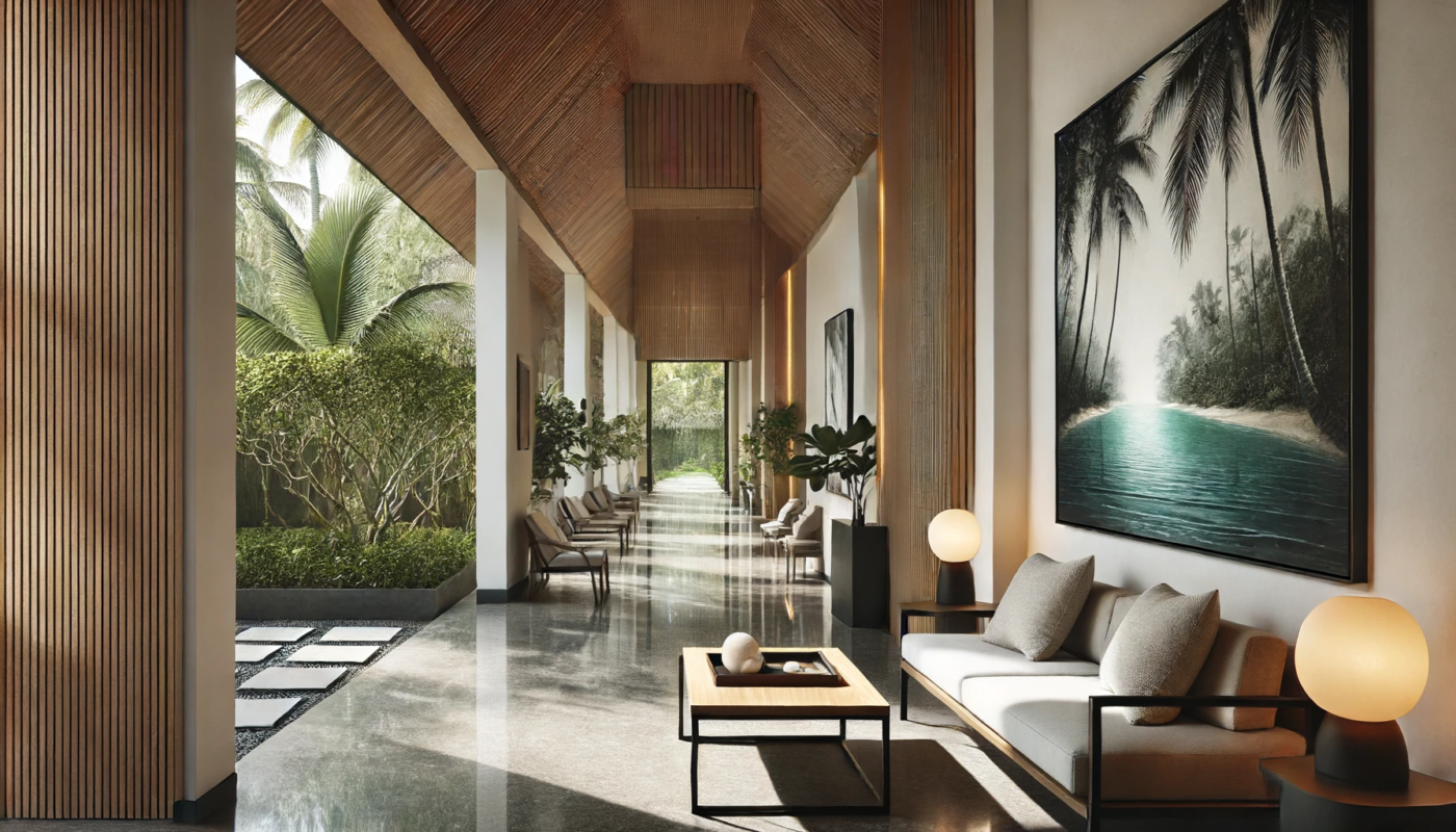 A minimalist tropical resort hallway with sleek framed artwork.