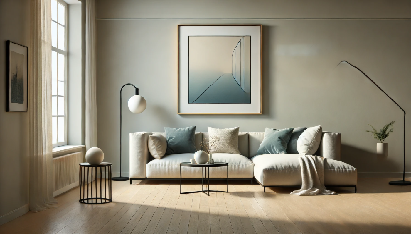 A beautifully framed artwork on the wall of a minimalist living room, reflecting a unique style and making the room feel spacious and thoughtfully curated.